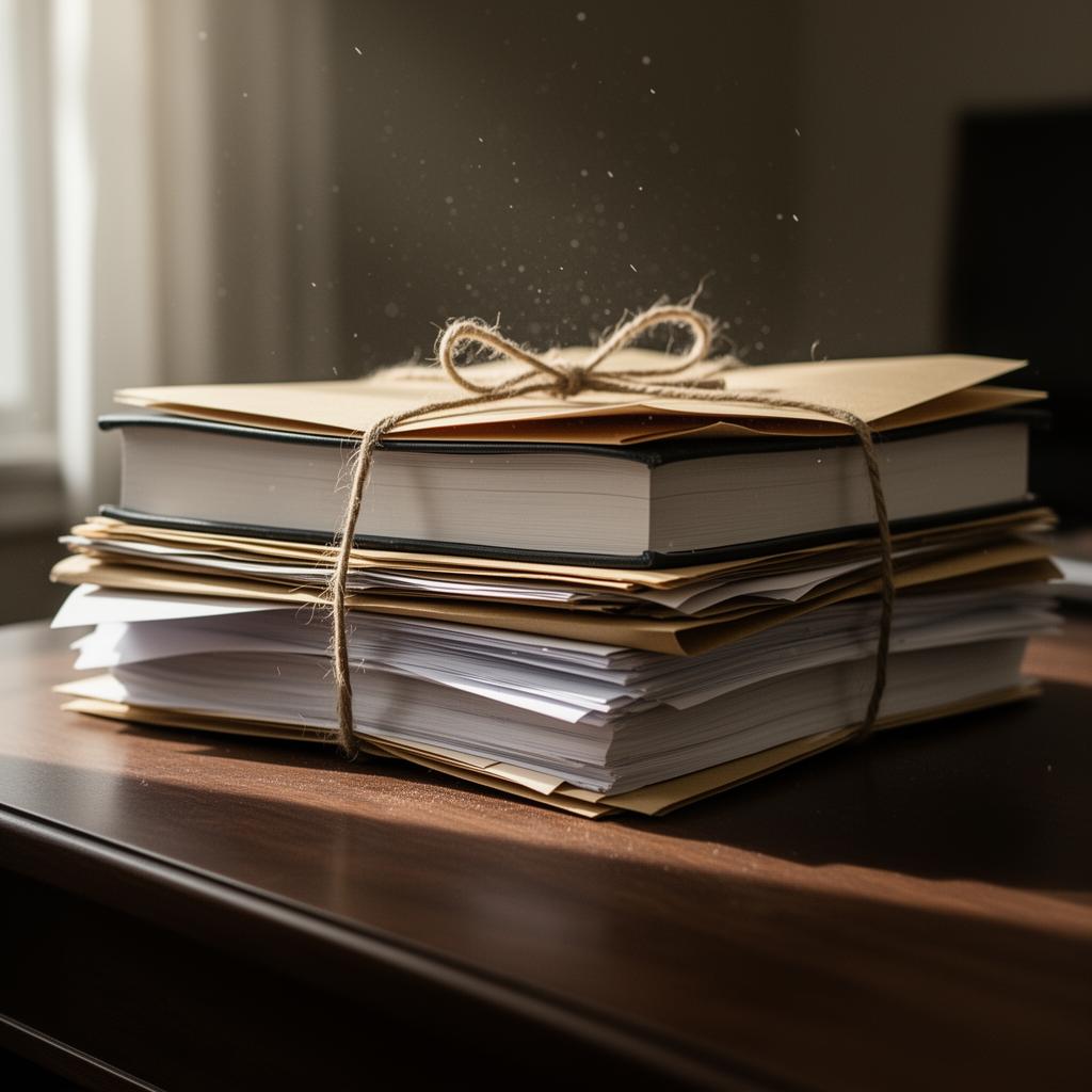 Stack of bound government reports tied with twine, lit by soft natural light